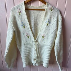 Cream Embroidered V-Neck Cardigan Sweater